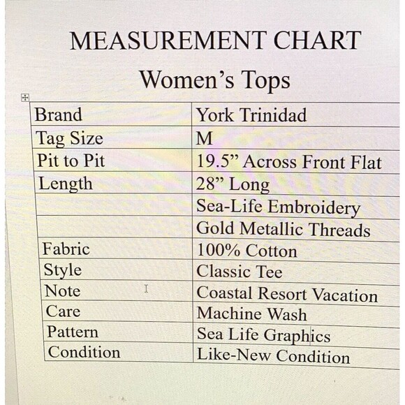 York Trinidad T-Shirt Womens Medium Sea-Life Gold Thread Embroidery Coastal - Picture 9 of 10